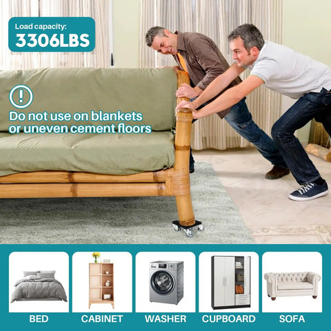 Two men using FaHkns Large Furniture Dolly with 5 swivel wheels to move a sofa, showcasing 3306 lbs capacity and heavy-duty design.