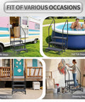 Heavy Duty Three Step Entry Platform Featuring Dual Safety Rails And Powder Coated Steel That Handles 660 Pounds Like A Champ While Delivering rock solid stability for RV, hot tub, house, and drawing use.