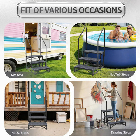 Heavy Duty Three Step Entry Platform Featuring Dual Safety Rails And Powder Coated Steel That Handles 660 Pounds Like A Champ While Delivering rock solid stability for RV, hot tub, house, and drawing use.