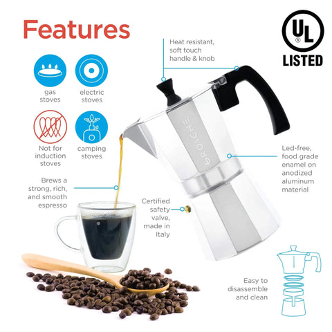 Stovetop Espresso Moka Pot For Home And Camping 6 Cup Italian Style Coffee Maker Portable Percolator shown with coffee and features
