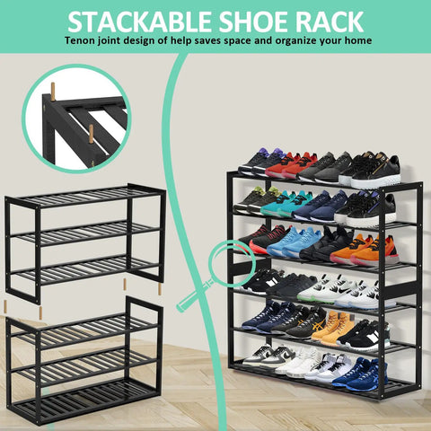 3 Tier Bamboo Shoe Rack Organizer 32.5 Inch Long Holds 9-15 Pairs Stackable Foldable Black with shoes in entryway