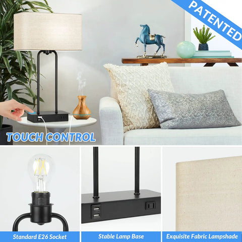 20 Inch High 3 Way Dimmable Touch Lamp Set Of 2 With USB Ports And AC Outlet, modern design with fabric shade in living room