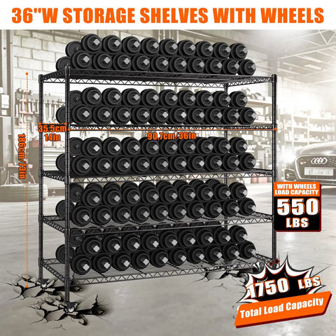 Beefy 5 Tier Rolling Wire Shelving Unit On Wheels 36 Inch Wide By 14 Inch Deep By 73 Inch High adjustable metal rack with weights