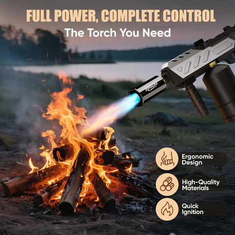 Powerful Propane Torch Gun With Adjustable Flame for cooking and welding shown igniting a campfire outdoors