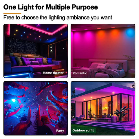 Recessed Lighting 4 Inch RGBCW Color Changing 12W LED Downlights with Junction Box,1080Lumens Canless LED Recessed Ceiling Lights Dimmable by Remote Control showing home theater, romantic, party, and outdoor lighting setups.