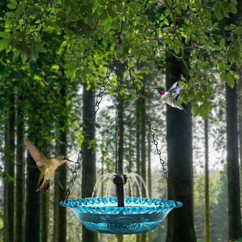 Hanging Bird Bath With Solar Powered Fountain For Outdoor Garden Patio Lawn And Backyard Birds Water Feature For Bathing Drinking And Feeding Automatic Sun Activated Pump Durable Hanging Design No Wires Easy Setup Weather Resistant in forest setting with birds