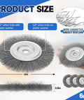 Six Pack Six Inch Carbon Steel Wire Wheel Brushes For Bench Grinders With Half To Five Eighth Arbor, showing sizing details.