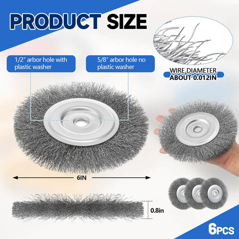 Six Pack Six Inch Carbon Steel Wire Wheel Brushes For Bench Grinders With Half To Five Eighth Arbor, showing sizing details.