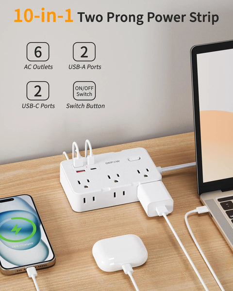 Must Have Two Prong To Three Prong Outlet Adapter Power Strip With Six Outlets And Four USB Ports Two USB C 1050J Surge Protector in use