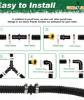LONGRUNNEW 1-Inch corrugated pond hose; black PVC, 20.6 ft, with fittings, ideal for ponds; installation diagram.