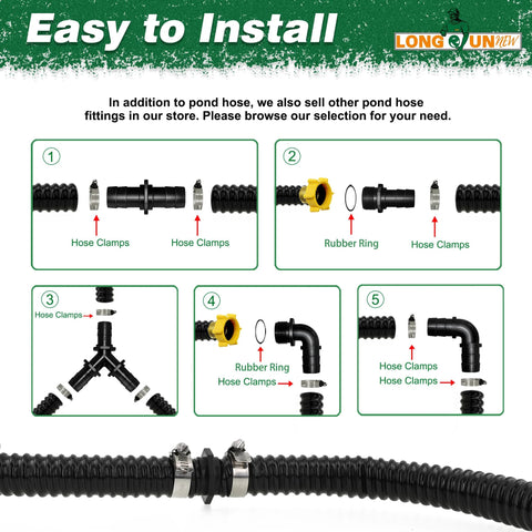 LONGRUNNEW 1-Inch corrugated pond hose; black PVC, 20.6 ft, with fittings, ideal for ponds; installation diagram.