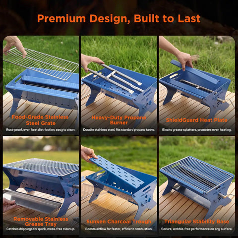 Portable Camping Grill And Fire Pit Foldable 2 In 1 Charcoal Wood Gas BBQ with stainless steel features displayed
