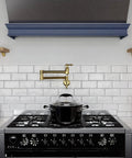 Wall Mount Pot Filler Faucet With 24 Inch Reach Pro Grade Dual Swivel Joints And Twin Handles Solid Brass Interior Stainless Steel Brushed Gold Finish Single Hole Install Wide Range Of Motion Dual Shut Off Valve above modern kitchen stove