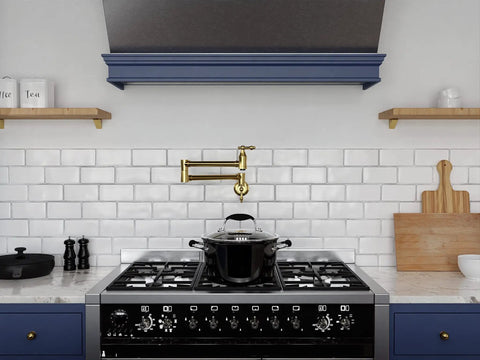 Wall Mount Pot Filler Faucet With 24 Inch Reach Pro Grade Dual Swivel Joints And Twin Handles Solid Brass Interior Stainless Steel Brushed Gold Finish Single Hole Install Wide Range Of Motion Dual Shut Off Valve above modern kitchen stove