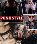 Collage of punk fashion featuring 600 Piece Punk Spikes And Studs Kit For Leather Craft And DIY Clothing with various accessories.