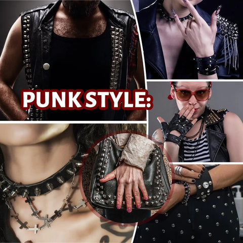 Collage of punk fashion featuring 600 Piece Punk Spikes And Studs Kit For Leather Craft And DIY Clothing with various accessories.
