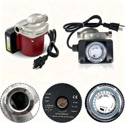 Premium 115V Hot Water Pressure Booster Pump ThreeSpeed Stainless Steel Circulator with attached timer for easy control.