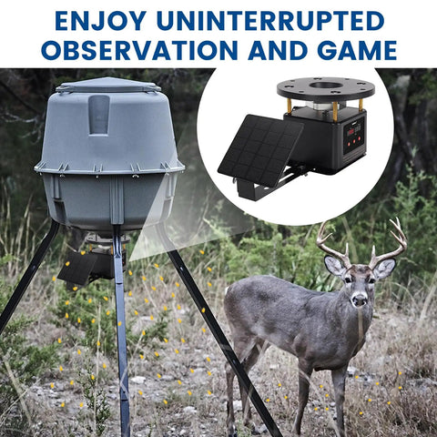 Set It Forget It Digital Auto Deer Feeder Timer Kit With Integrated Solar Panel and Precise Programming Controls Telescopic Pole Mount and Metal Spinner for Backwoods Game Attraction with deer nearby.