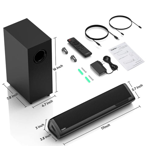2.1 Channel Sound Bar With Subwoofer For TV And PC Gaming Kickin Bass For Movie Night Deep Bass Home Theater System With Bluetooth AUX Optical Wall Mountable 17 Inch Immersive Surround Sound
