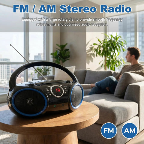 Portable CD Player Boombox With Top-Loading Disc, 20-Track Programmable Memory on a table in a modern living room