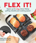 Dash MultiMaker Flex Press Grill With Swap-It Plates, Electric Indoor Countertop Nonstick Removable Cooking Surfaces For Burgers Sandwiches And Breakfast Made Easy With Forg Iron Build, open with burgers and buns