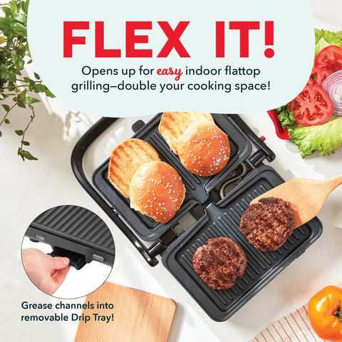 Dash MultiMaker Flex Press Grill With Swap-It Plates, Electric Indoor Countertop Nonstick Removable Cooking Surfaces For Burgers Sandwiches And Breakfast Made Easy With Forg Iron Build, open with burgers and buns