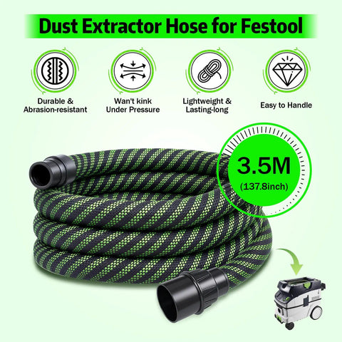 Make Quick Work Of Any Mess With This Beefy Heavy Duty Dust Extractor Hose Compatible With Festool Ct Shop Vacs 3.5 Meter Long D27 32mm Smooth Suction Tubing, black and green flexible tubing.