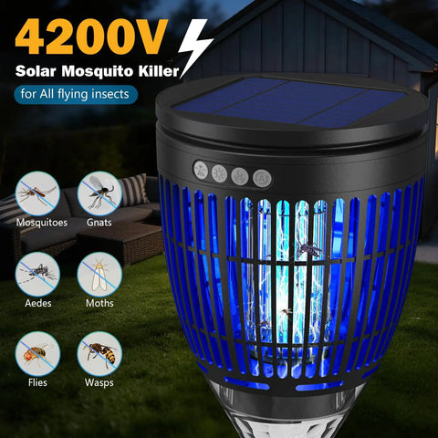 Super Effective Solar Bug Zapper Outdoor Kills Mosquitoes Gnats Flies Fast With 4200V High Voltage Zap, flame projection, auto manual modes.