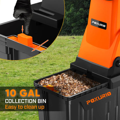Heavy Duty 15 Amp Electric Wood Chipper Shredder With 50 Liter Bag 1.8 Inch Cutting Diameter 25 To 1 Reduction Portable Wheels For Easy Yard Cleanup Of Branches And Debris Durable Orange Finish showing collection bin
