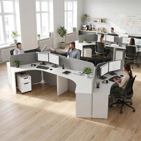 Boss Ready Three Seat Office Workstation Desk With Secure Locking Rolling Pedestal Designed For No Sweat Team Setup And Chill Collaboration Zones Daily in a modern workspace.