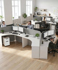 Three Person Collaborative Office Workstation featuring white desk, privacy panels, built-in power outlets, and storage.