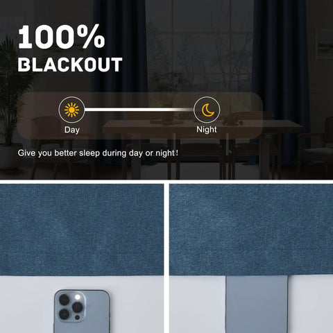 Close-up of dark blue blackout linen textured curtains set with grommet top panels, 100 percent blockout, shown in living room.