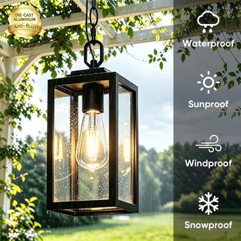 Modern Outdoor Pendant Light With Rock Solid Aluminum Build And Clear Glass Panel Waterproof Rust Proof Exterior Hanging Lamp For Covered Backyard Patio Vibes, hanging in rain with glowing bulb.