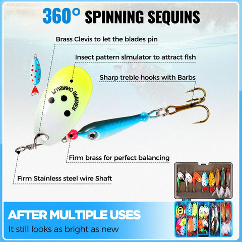 Spinner Lures Kit 32 Piece Spinner Baits For Bass And Trout With Copper Body And Blade Spinning Spoons Freshwater Tackle Box Included