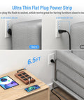 Ultra Thin Flat Plug Power Strip with 6.5 ft cord, facilitating compact furniture placement. Ideal for home office use.