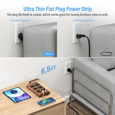 Ultra Thin Flat Plug Power Strip with 6.5 ft cord, facilitating compact furniture placement. Ideal for home office use.