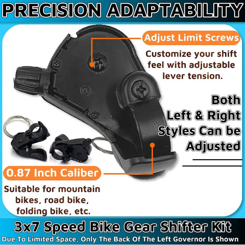 Close-up of Premium 3x7 Thumb Shifter Set With TX-30 Levers For 7 Speed Bicycles, showing adjustment features and compatibility info.