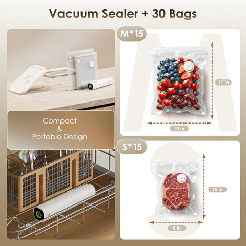 Image of Boss Level Handheld Vacuum Sealer For Food With Sixty To Eighty Kilopascals Of Industrial Grade Suction And LED Pressure Display Portable Sealer Pack With Thirty Reusable Bags A Compact Food Saver For Fresh Storage Meal Prep And Longer Freshness showing compact design with packed food bags.