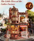 Dream Coffee Factory Mechanical 3D Wooden Puzzle Kit With Moving LED Lights For Adults, showing detailed coffee scene model