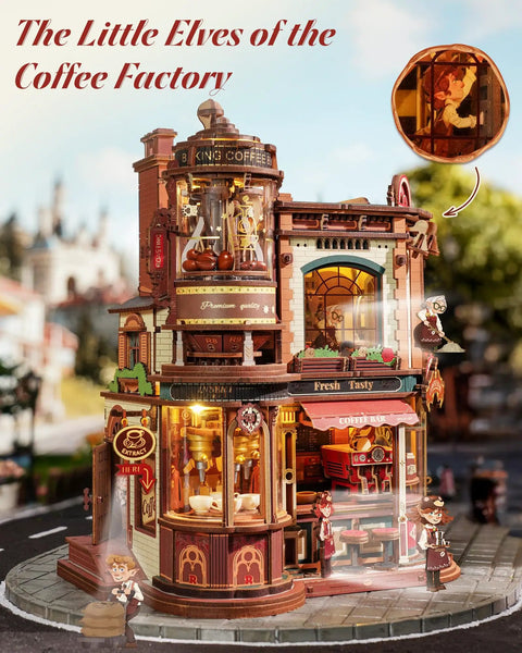 Dream Coffee Factory Mechanical 3D Wooden Puzzle Kit With Moving LED Lights For Adults, showing detailed coffee scene model