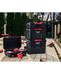 TradeStack 21 Inch Waterproof Tool Box with lockable stackable design on outdoor deck, showcasing storage and structural foam walls.