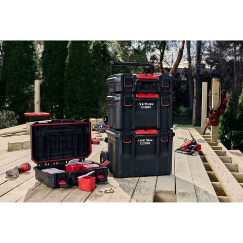 TradeStack 21 Inch Waterproof Tool Box with lockable stackable design on outdoor deck, showcasing storage and structural foam walls.