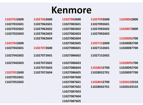 Kenmore part numbers grid for washing machine components, featuring various model numbers for reference.