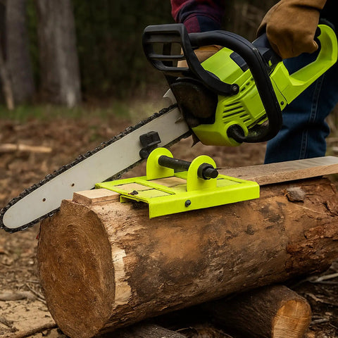 Chainsaw Lumber Cutting Guide Steel Portable Sawmill Tool With Compact Carry Adjustable Up To 2x6 Inches Boards in use on log