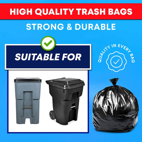 Heavy Duty 55 Gallon Contractor Trash Bags 3 Mil Thick Black Liners With Ties, suitable for large trash bins and outdoor use