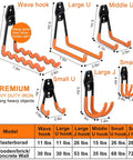 Heavy Duty Garage Hooks 24 Piece Set With 6 Sizes Wall Mount Iron Anti Slip Storage Hanger Organizer For Ladders Power Tools Bikes Ropes And More Includes Holder Strap For Maximum Garage Organization For Gear Heads displayed with sizes and weight capacity chart.