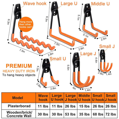 Heavy Duty Garage Hooks 24 Piece Set With 6 Sizes Wall Mount Iron Anti Slip Storage Hanger Organizer For Ladders Power Tools Bikes Ropes And More Includes Holder Strap For Maximum Garage Organization For Gear Heads displayed with sizes and weight capacity chart.