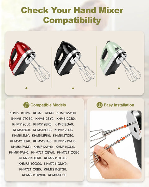 Premium Stainless Steel Hand Mixer Beater Attachments Replacement Parts For Standard Appliances displayed with compatible mixers.