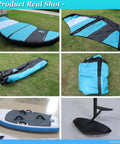 The Go Anywhere Packable Inflatable Wing with Hydrofoil Kit laid out on grass, includes wing, board, and backpack for travel ease.
