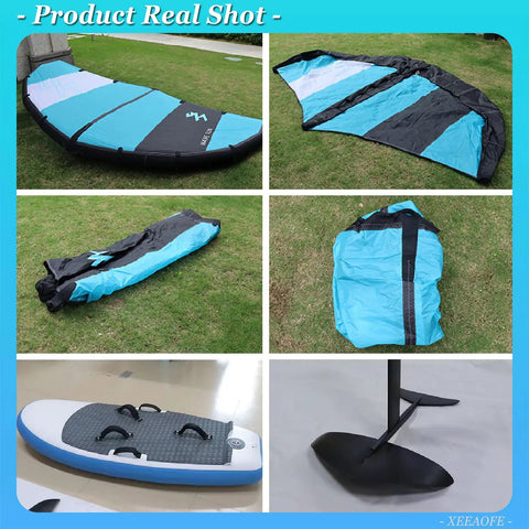 The Go Anywhere Packable Inflatable Wing with Hydrofoil Kit laid out on grass, includes wing, board, and backpack for travel ease.